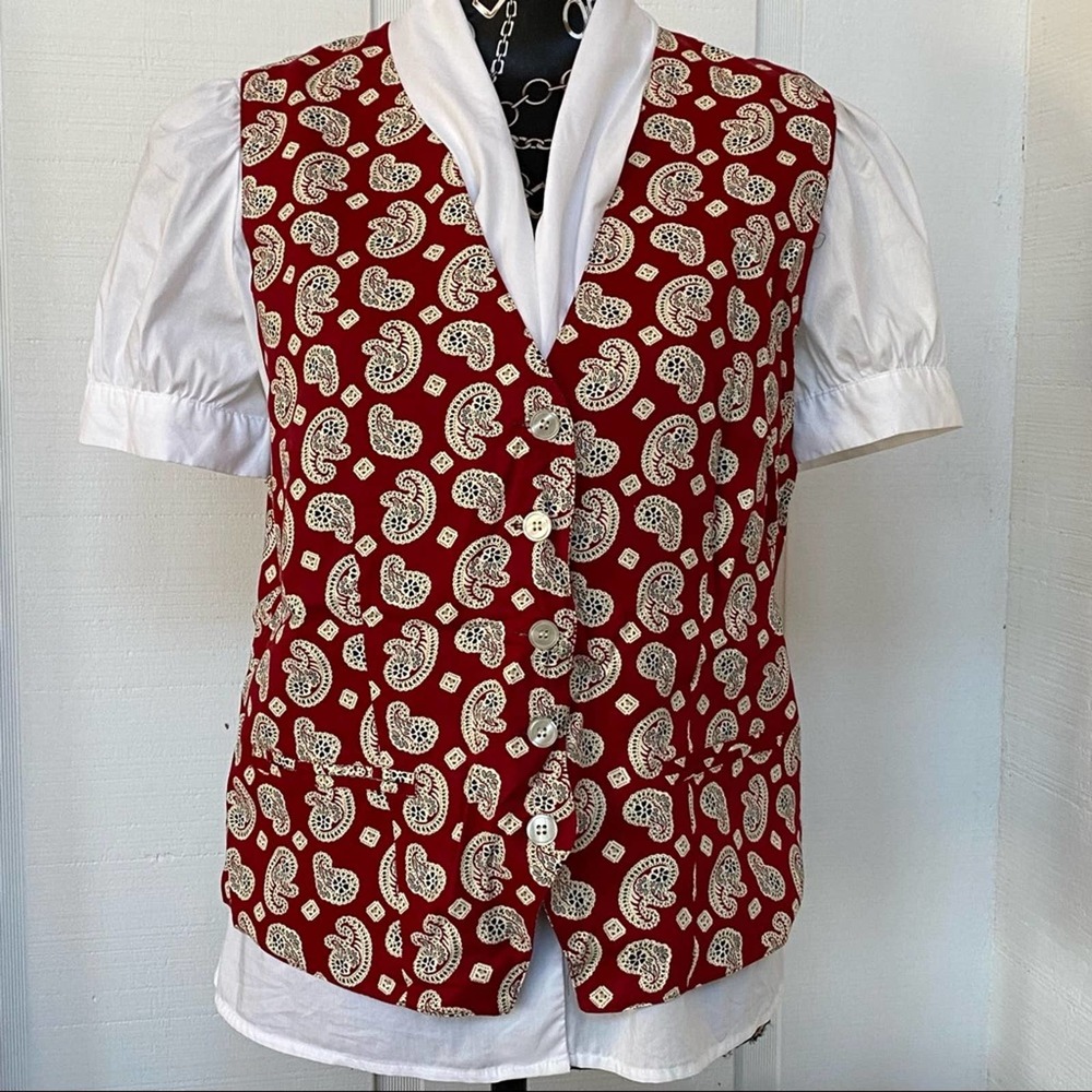 TRUE VINTAGE Talbots M Deep Red‎ Paisley Button Front Lined Waistcoat Vest